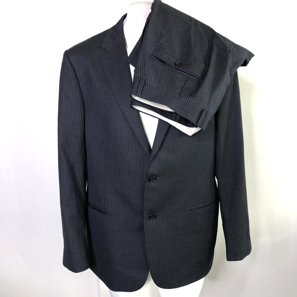 Hickey Freeman 42R Striped Wool Suit Jacket 2 Pc (Fit 36W 34.5L) Blue Black